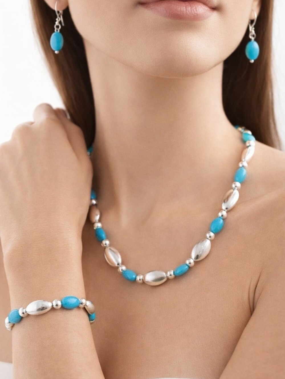Silver-Tone Turquoise Beads Complete Necklace Set w/ Matching Bracelet, Earrings